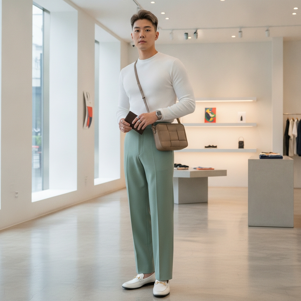 SKIPIKS AI 패션 화보 — minimalist, modern — 화이트 니트 톱과 민트 슬랙스의 조합은 깔끔하고 세련된 모던룩을 완성합니다. 베이지 크로스백과 실버 시계를 더해 미니멀한 감성을 살려보세요. 데