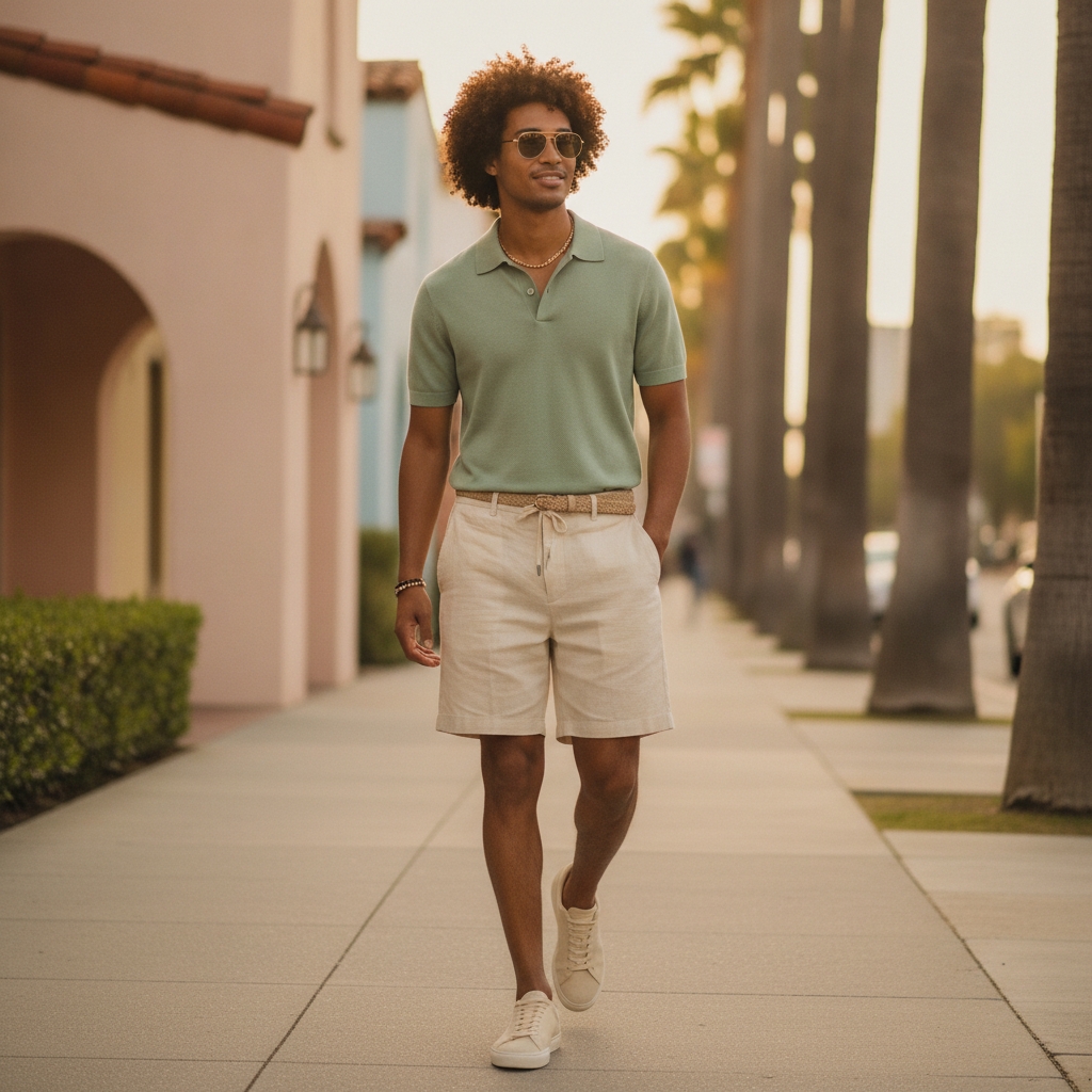 SKIPIKS AI 패션 화보 — casual, smartcasual — 산뜻한 라이트 그린 피케 셔츠와 베이지 반바지가 청량한 느낌을 주는 룩입니다. 심플한 크림색 스니커즈로 전체적인 스타일링을 깔끔하게 마무리하세요