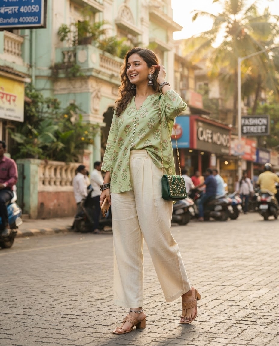 SKIPIKS AI fashion editorial — casual, feminine — The soft green blouse paired with beige pants creates a comfortable yet relaxed 