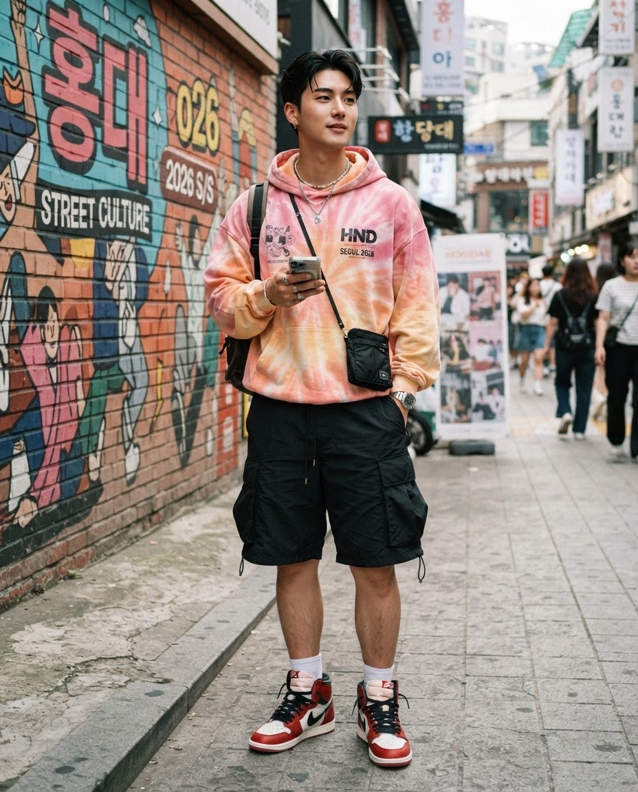 SKIPIKS AI fashion editorial — streetwear, casual, colorful — This street fashion features a colorful vibe with a tie-dye hoodie. Pair it with