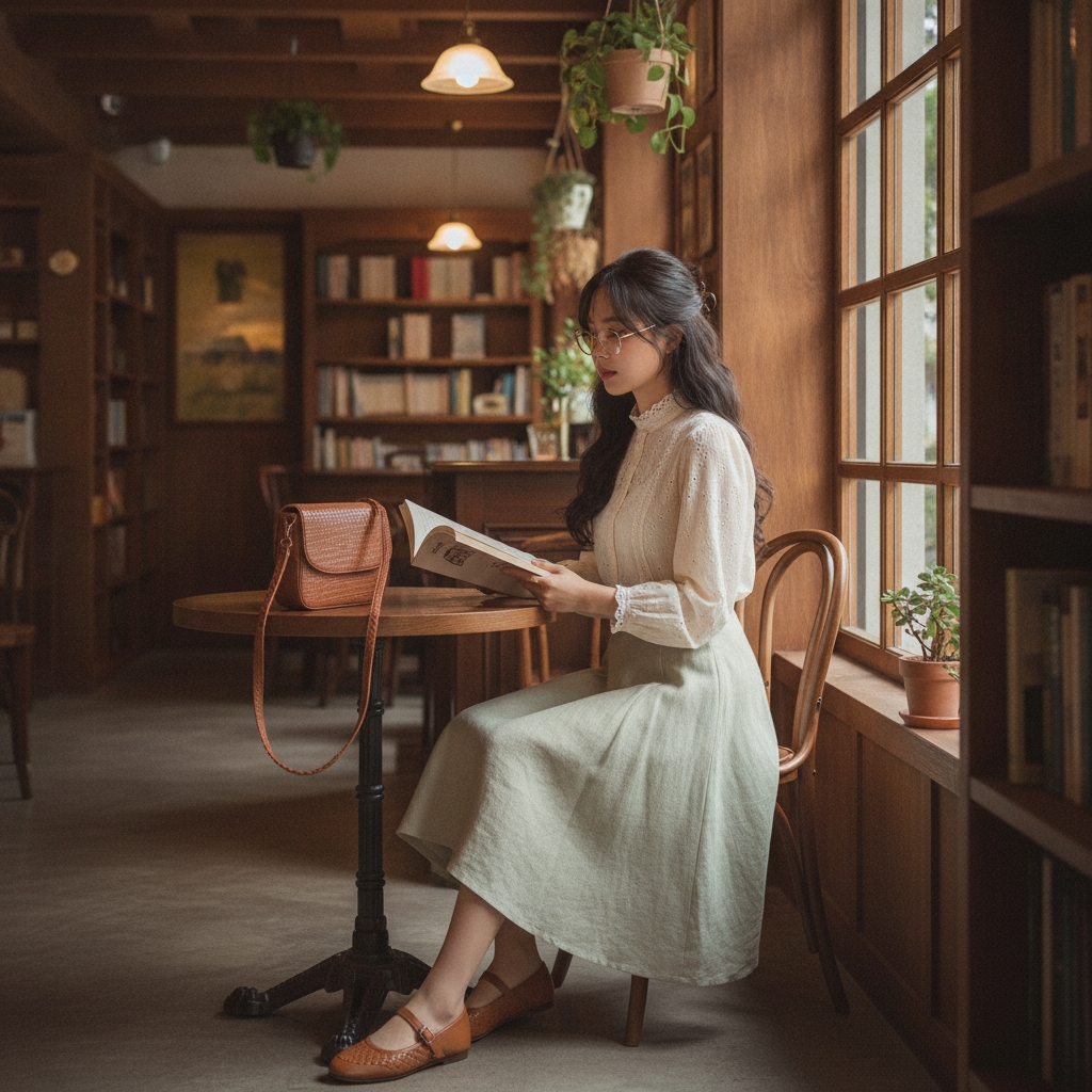 SKIPIKS AIファッション写真 — romantic, vintage — 柔らかなベージュのレースブラウスとライトグリーンのロングスカートが、エレガントでありながらロマンティックなムードを演出します。ブラウンのフラットシューズで仕上げ