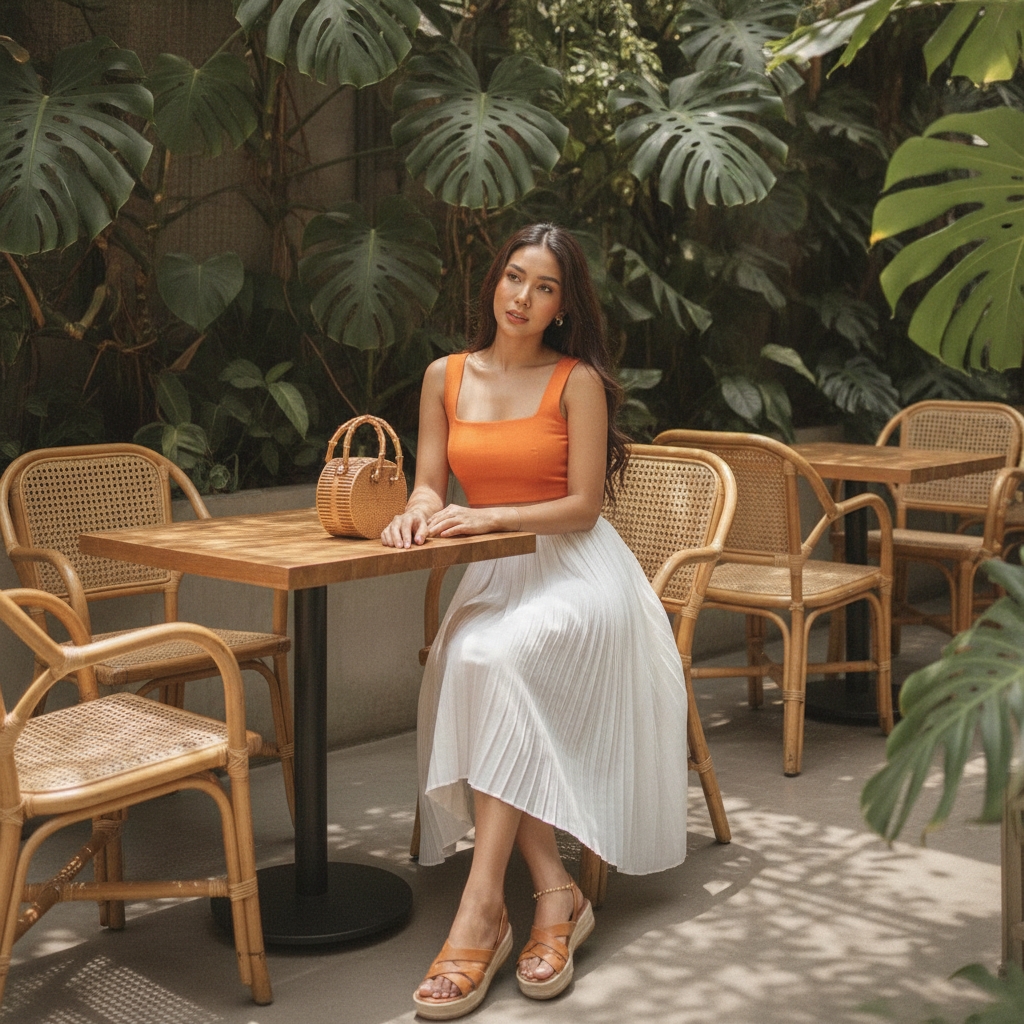 SKIPIKS AIファッション写真 — feminine, resort, boho — オレンジのタンクトップとホワイトのプリーツスカートが涼しげで爽やかな雰囲気を醸し出します。ラタンのハンドバッグとブラウンのサンダルを合わせてリゾート感をプラスし
