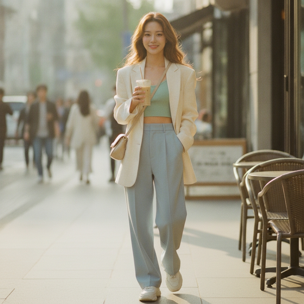 SKIPIKS AI fashion editorial — chic, streetwear — The combination of a cream blazer and a mint crop top creates a fresh look perfe
