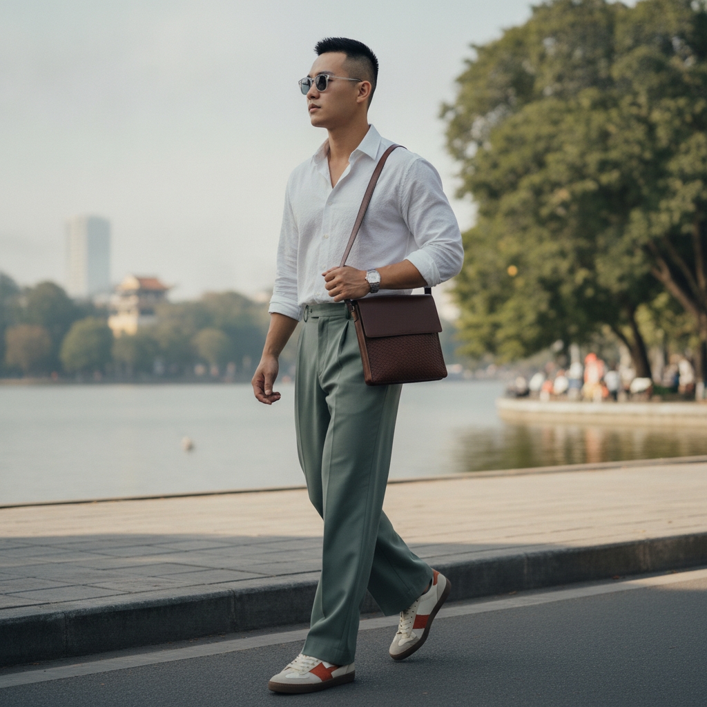 SKIPIKS AI 패션 화보 — modern, casual — 화이트 셔츠와 그린 슬랙스의 조화가 세련된 무드를 연출해보세요. 간절기 시즌에 적합한 가벼운 가방과 스니커즈로 실용적인 스타일을 완성할 수 있습