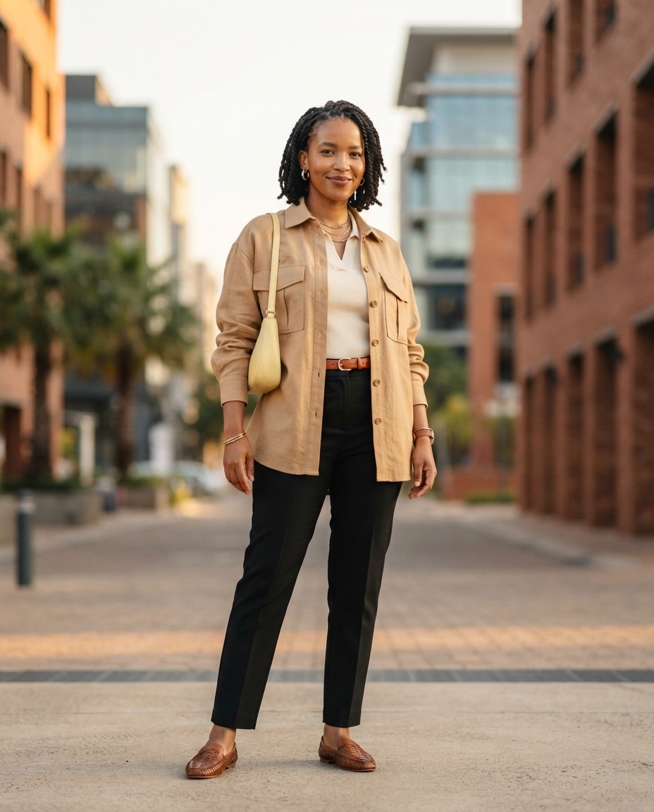 SKIPIKS AI fashion editorial — minimalist, chic — This is a modern and sophisticated office look featuring a beige shirt and black