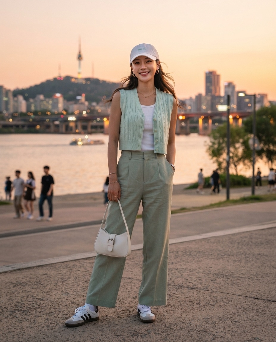 SKIPIKS AI时尚大片 — casual, minimalist — 搭配薄荷色背心和长裤，营造清爽的休闲造型。与白色背心和简洁的包包搭配，完成夏季清凉造型。这个造型非常适合校园或日常外出，搭配日常运动鞋更显清新感。