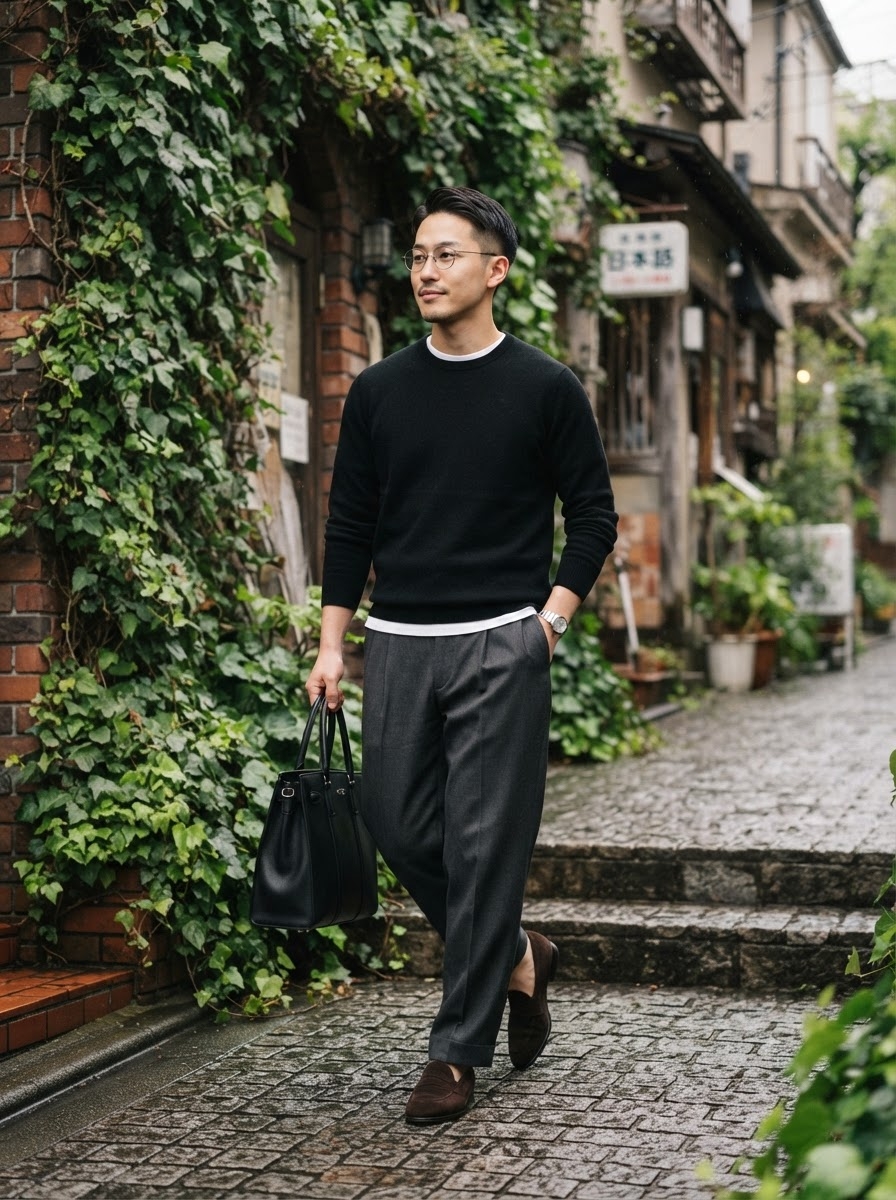 SKIPIKS AIファッション写真 — minimalist, streetwear — 黒のセーターとグレーのスラックスでモダンかつ洗練されたルックを演出しました。トレンディなメガネとクリーンなトートバッグがスタイルのポイントになり、シルバーの時計