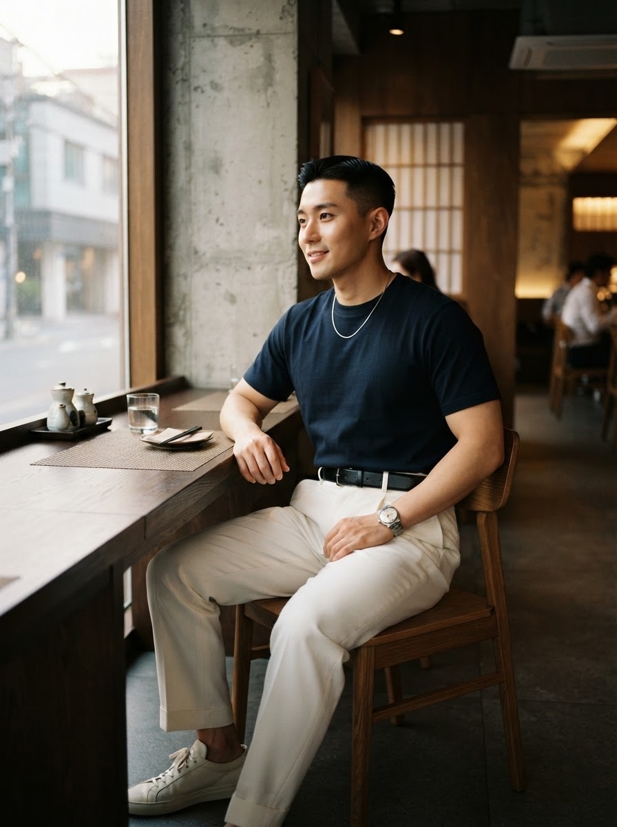 SKIPIKS AI fashion editorial — minimalist, casual — Pair a navy t-shirt with cream slacks for a clean yet sophisticated look. Add si