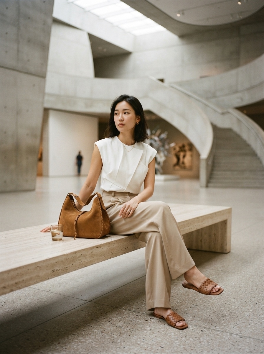 SKIPIKS AIファッション写真 — minimalist, chic, elegant — ライトなベージュトーンとホワイトブラウスの組み合わせが優雅さを引き立てる夏のルックです。ブラウンのスライドとショルダーバッグでナチュラルなポイントを加え、誰にで
