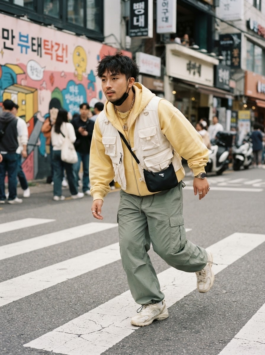 SKIPIKS AI时尚大片 — streetwear, casual — 象牙色背心与黄色连帽衫相结合，营造出舒适而时尚的印象。搭配工装裤和运动鞋，展现街头风格。这是一套适合轻松外出或约会的休闲造型。