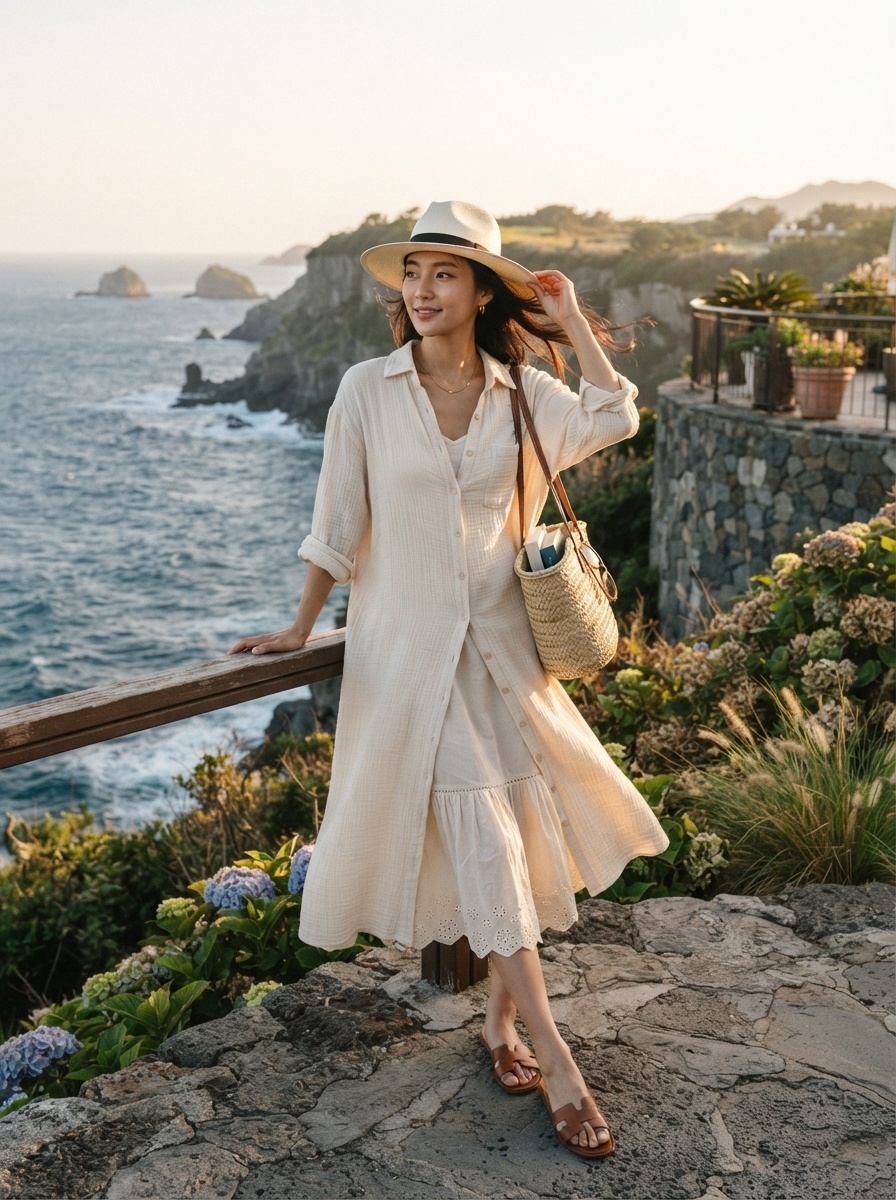 SKIPIKS AI 패션 화보 — resort, casual, natural — 크림색 셔츠 드레스와 우아한 베이지 모자가 해변의 느낌을 물씬 전해주네요. 내추럴한 토트백과 브라운 샌들로 편안하면서도 세련된 바캉스 룩이 완성