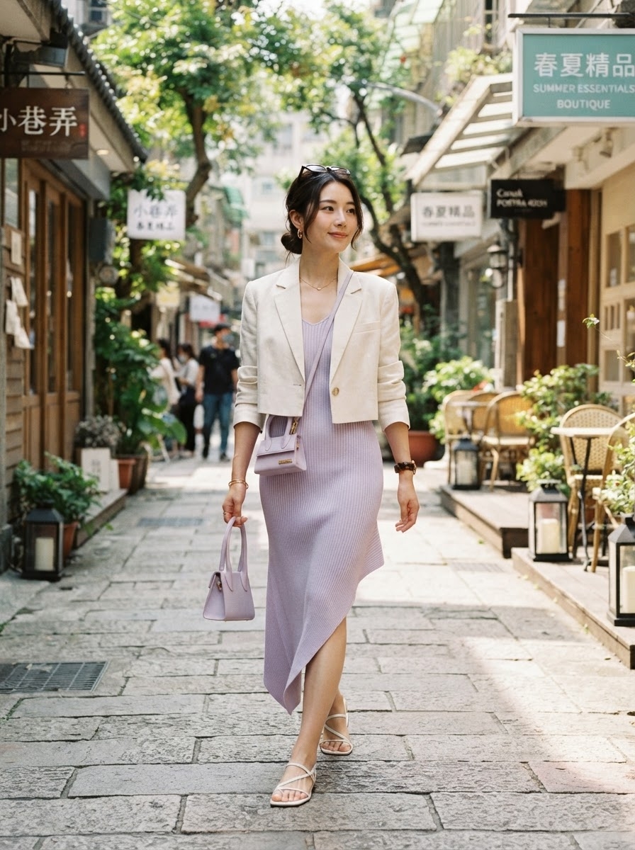 SKIPIKS AIファッション写真 — feminine, chic — ラベンダー色のニットワンピースで優雅な雰囲気を演出しましょう。ベージュのクロップジャケットを加えて洗練されたレイヤリングを完成させます。このスタイルはデイリーオ