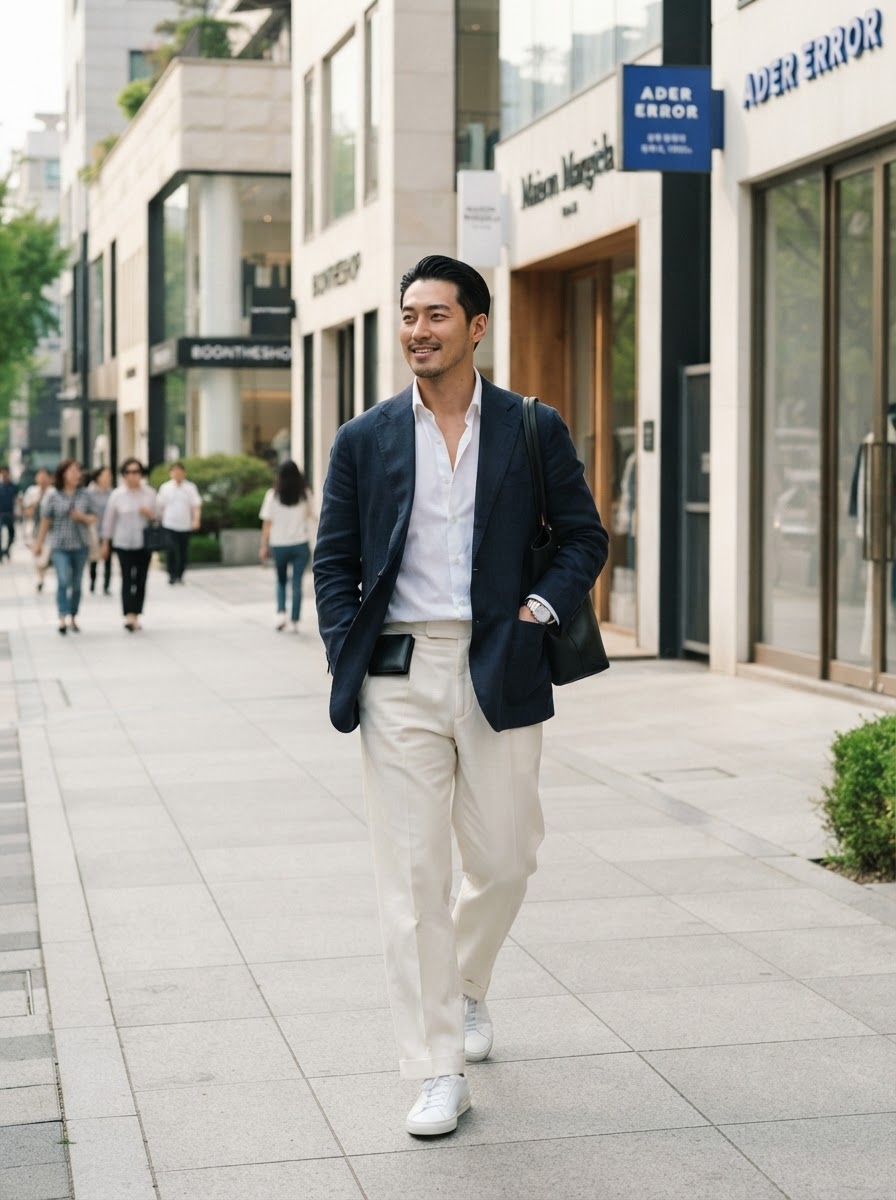 SKIPIKS AIファッション写真 — minimalist, smartcasual — すっきりとしたネイビーブレザー、ホワイトシャツ、クリームパンツの組み合わせが洗練された雰囲気を演出します。スマートカジュアルスタイルで、日常のデートやオフィスル