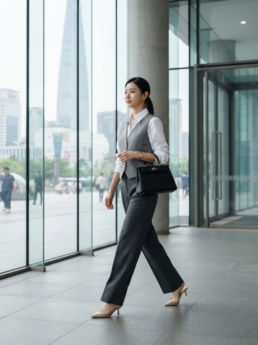 SKIPIKS AI fashion editorial — professional, minimalist, sophisticated — This sophisticated office look features a clean silhouette and appealing gray to
