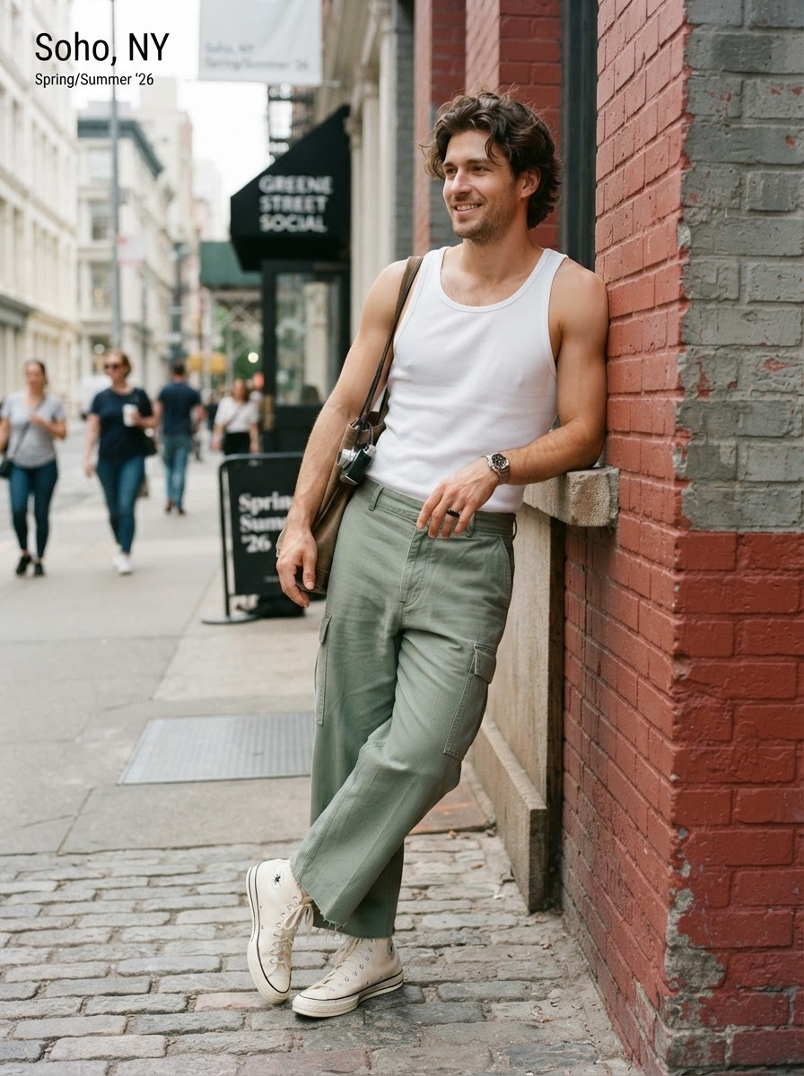 SKIPIKS AI fashion editorial — casual, urban — I completed a cool yet stylish summer look with a white sleeveless shirt and kha
