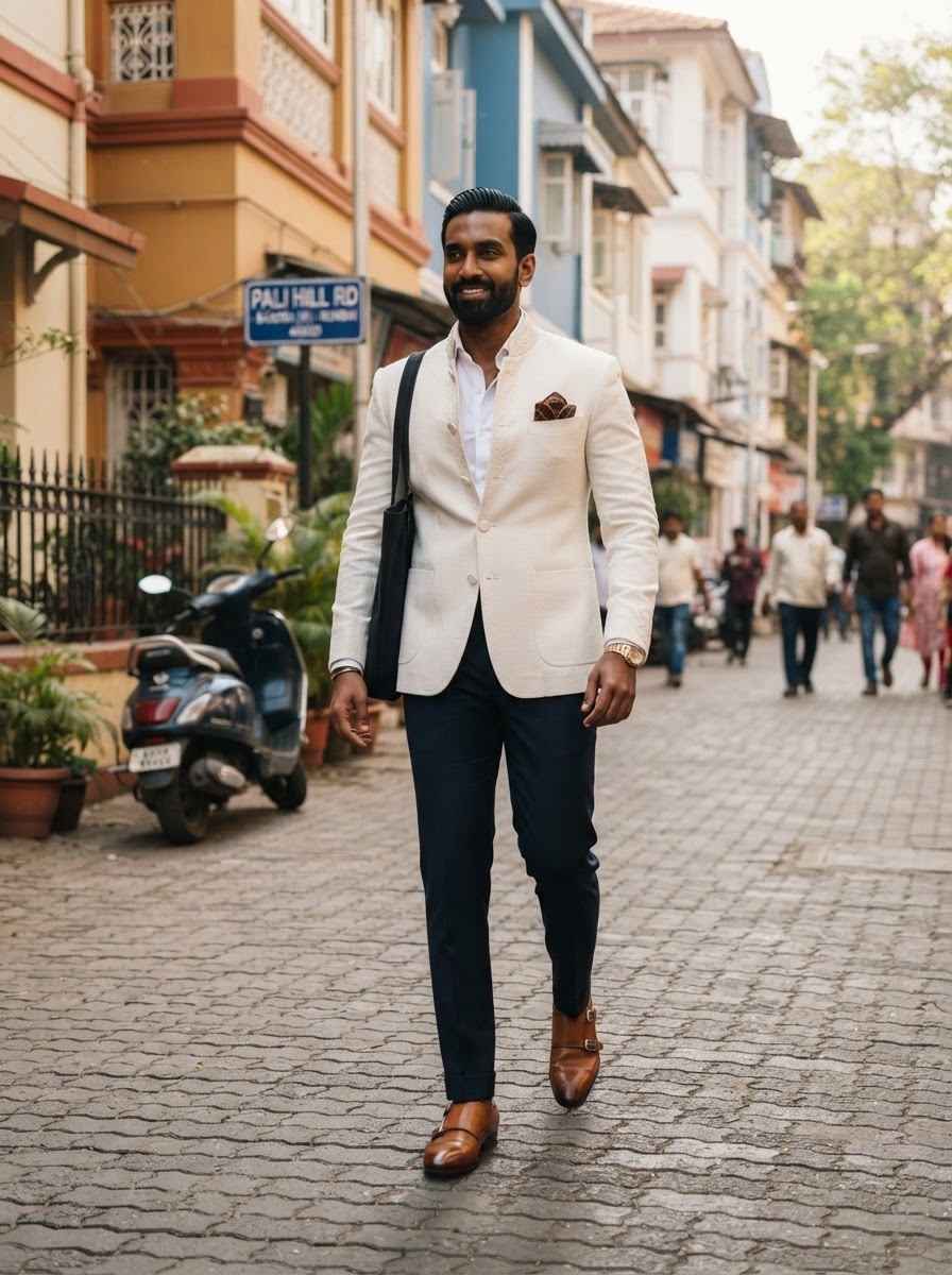 SKIPIKS AI fashion editorial — business_casual, smart — The combination of an ivory blazer and navy slacks creates a classic yet modern 