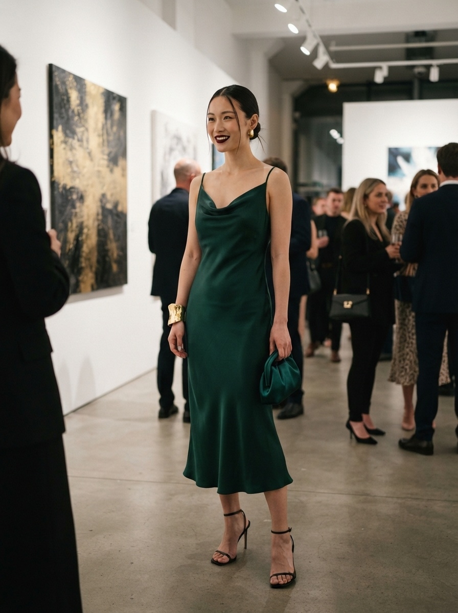 SKIPIKS AIファッション写真 — elegant, formal, chic — エレガントなグリーンスリップドレスで洗練された高級感を演出しましょう。ゴールドのアクセサリーとブラックストラップヒールを加えることでスタイルが引き立ちます。フォ