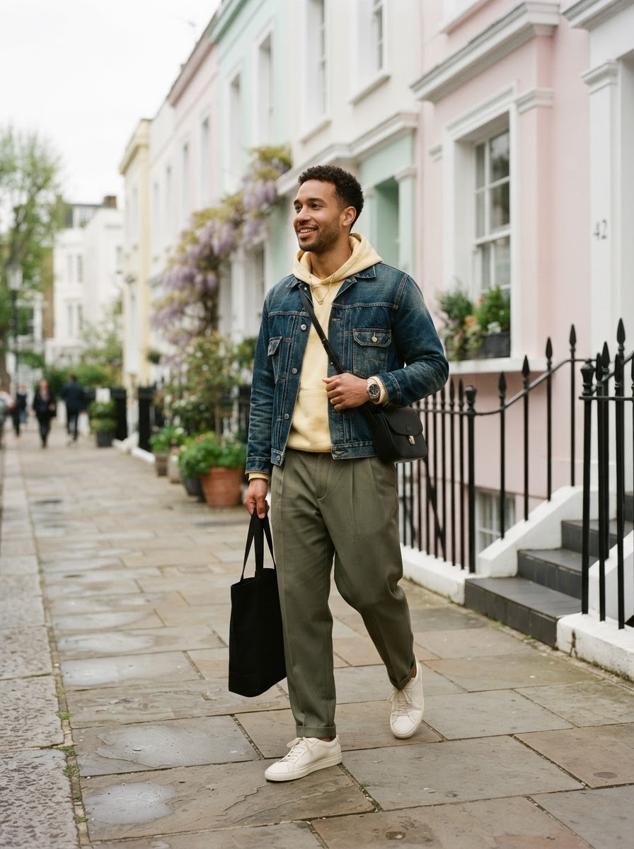 SKIPIKS AI 패션 화보 — casual, streetwear — 데님 재킷과 크림색 후드가 자연스럽게 조화를 이루며, 캐주얼하면서도 트렌디한 느낌을 줍니다. 넉넉한 핏의 카키 바지를 더해 편안한 스타일을 완성