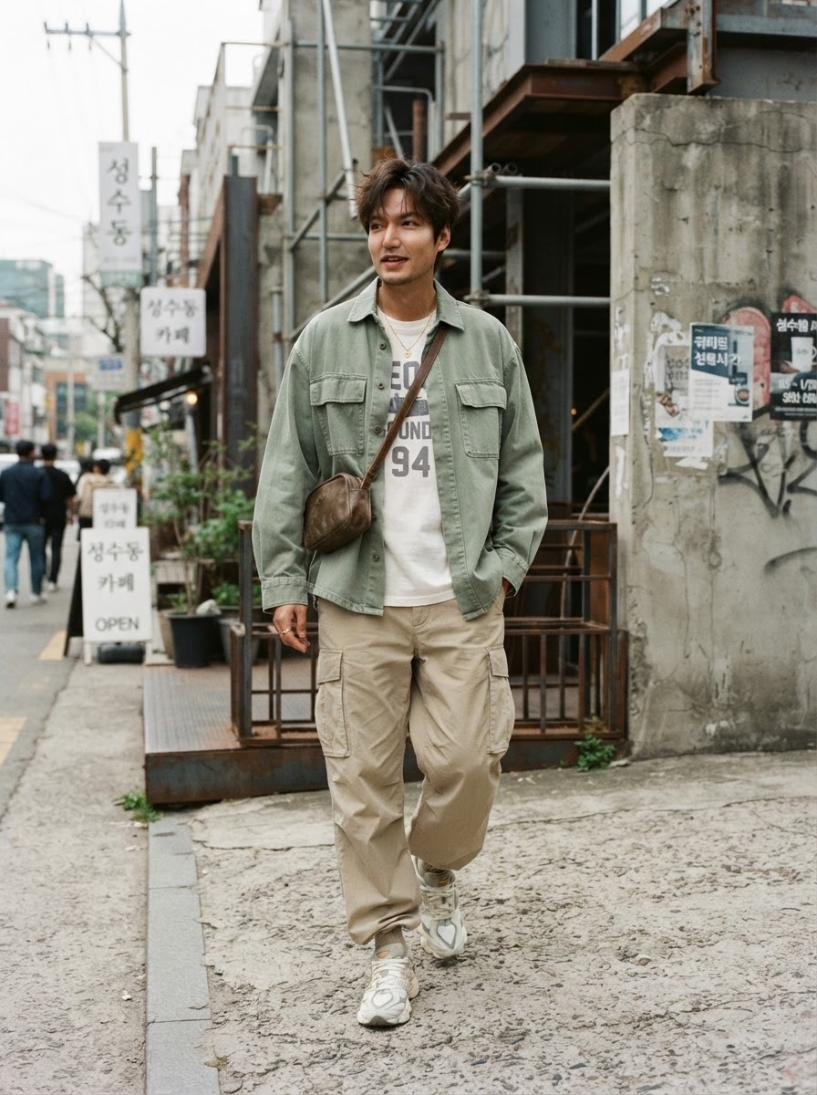 SKIPIKS AIファッション写真 — streetwear, casual — カーキのオーバーシャツとベージュのカーゴパンツが自然なストリートムードを演出します。Tシャツとスニーカーでカジュアルな魅力を引き立てましょう。デイリールックとし