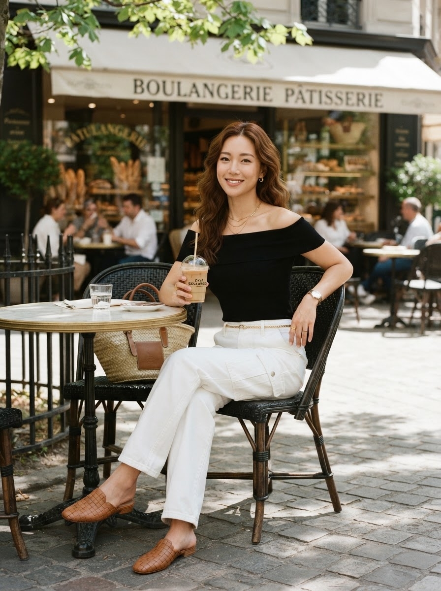 SKIPIKS AIファッション写真 — feminine, chic — オフショルダーブラウスと白いパンツの組み合わせが洗練された夏のカフェルックを完成させます。基本アイテムですが、ローファーでクラシックな魅力を加えてみてください。