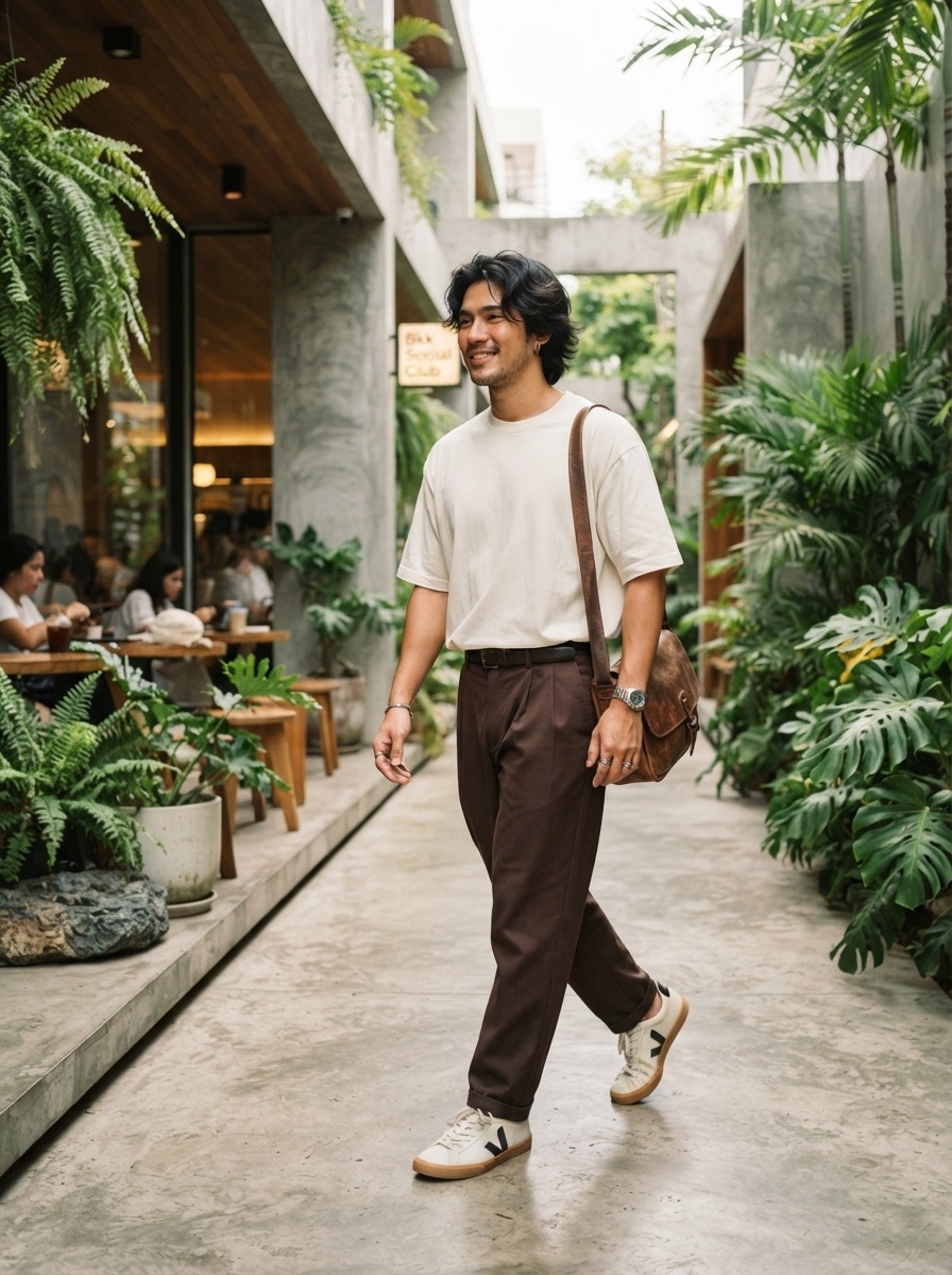 SKIPIKS AIファッション写真 — casual, minimalist — ホワイトTシャツとブラウンパンツの組み合わせがスタイリッシュなミニマリストルックを完成させます。クロスボディバッグとスニーカーを加えてカジュアルな雰囲気を演出し