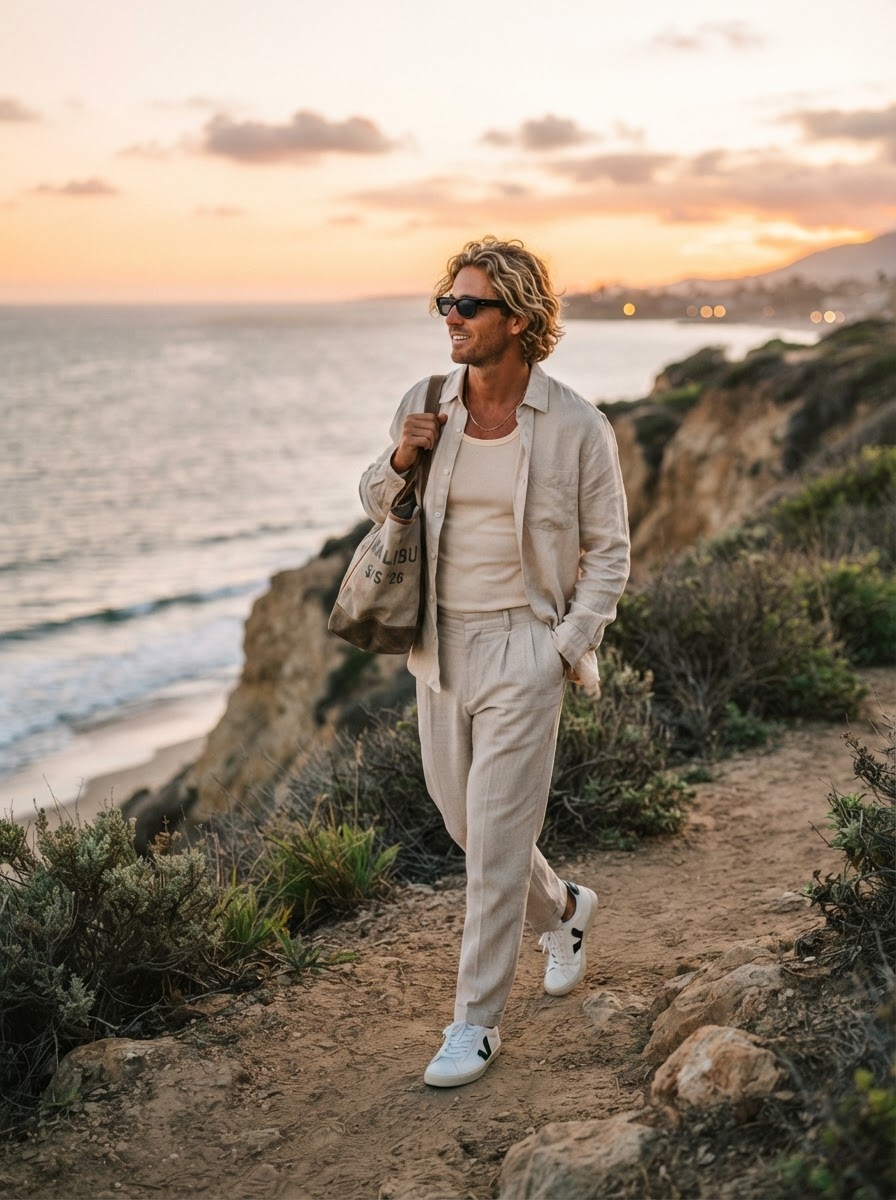SKIPIKS AIファッション写真 — casual, resort, beachwear — 自然と調和するベージュトーンのリゾートルックがムーディなスタイリングを完成させます。ベージュのシャツとパンツを合わせて、快適でありながら洗練された雰囲気を演出し