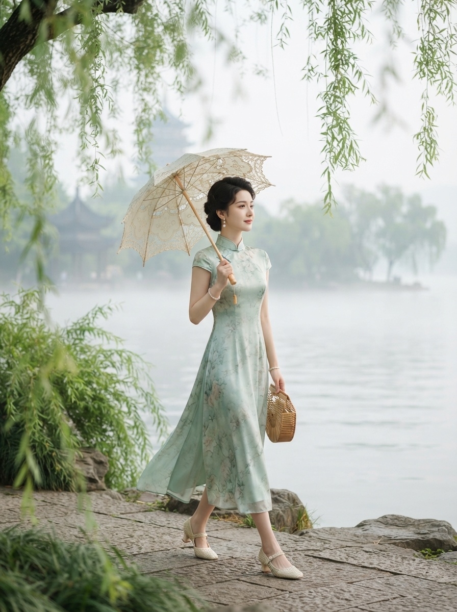SKIPIKS AI时尚大片 — classic, feminine, vintage — 淡绿色的旗袍散发出优雅气息，强调女性气质。搭配奶油色高跟鞋和藤编包，完美呈现经典夏日造型。这套搭配将为约会或特殊场合增添美丽亮点。