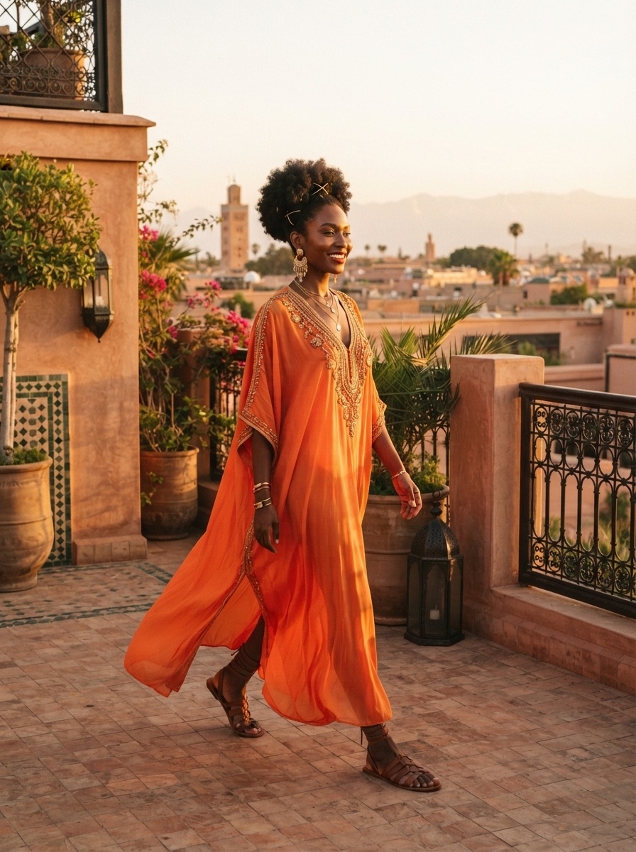 SKIPIKS AI fashion editorial — bohemian, resort — Experience the romance of a vacation in a rich orange maxi dress. We recommend a