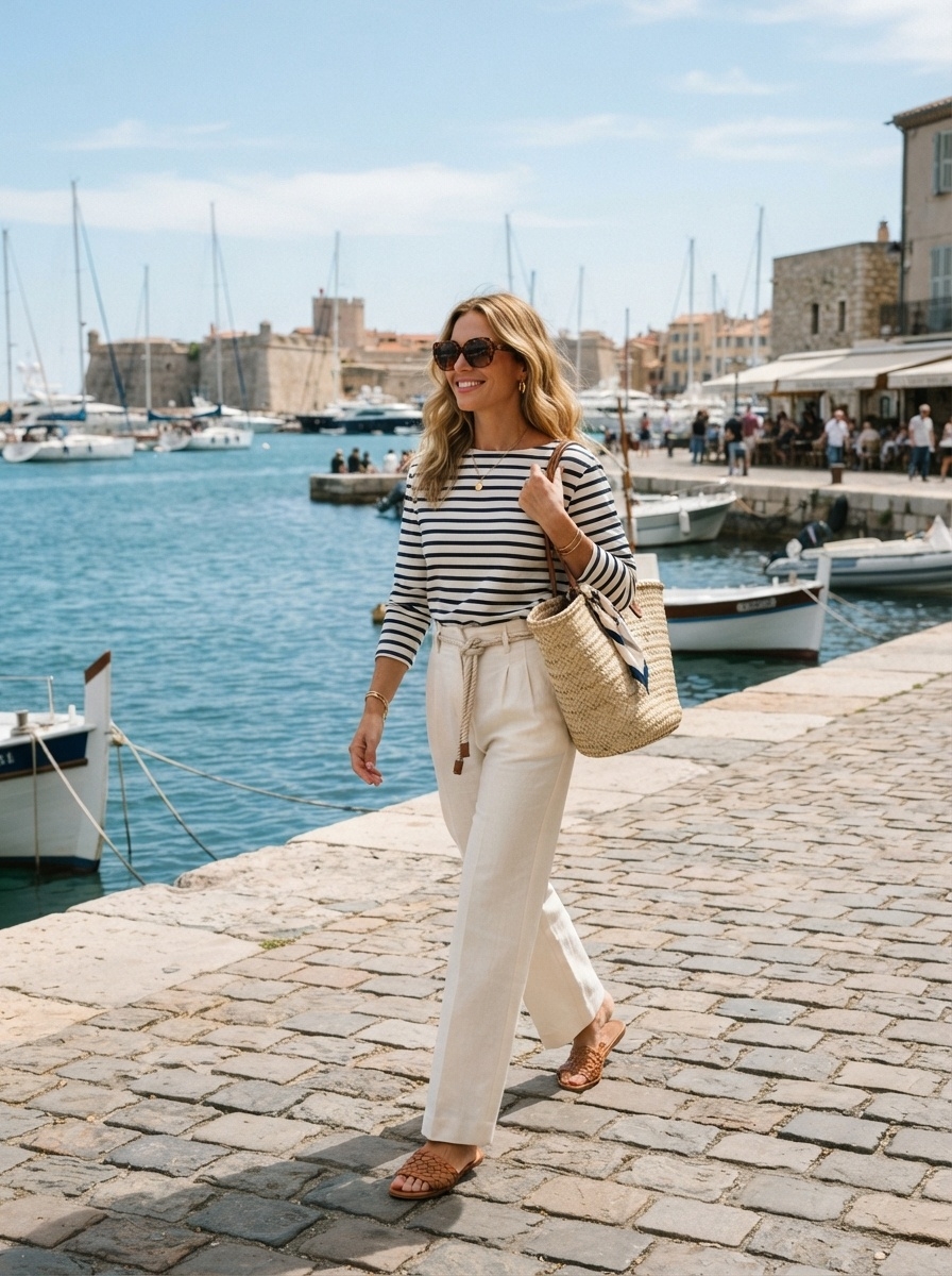 SKIPIKS AIファッション写真 — casual, nautical, coastal — 涼しげなストライプのTシャツとクリーム色のパンツが調和し、スタイリッシュなマリンルックが完成します。ここに自然なストローバッグとブラウンのサンダルを合わせて、夏