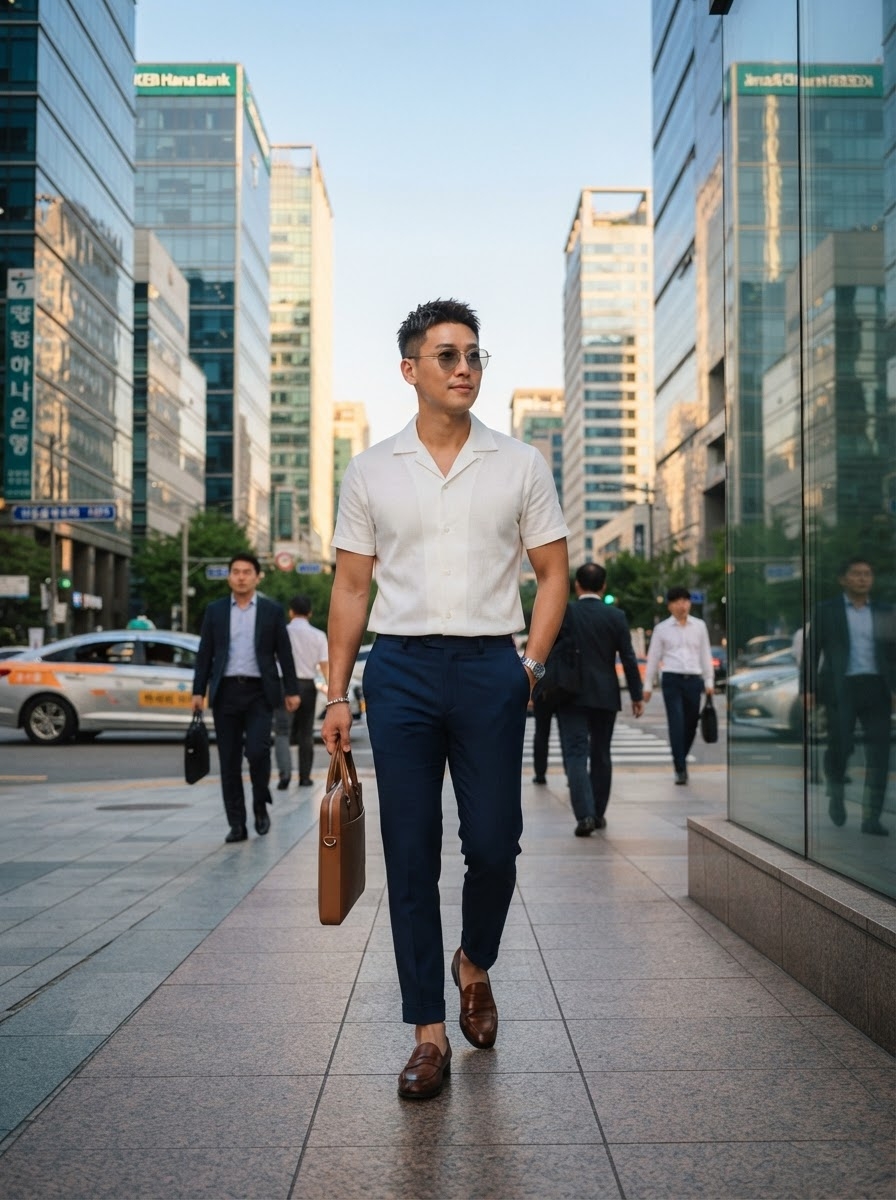 SKIPIKS AI时尚大片 — minimalist, business_casual — 这是一款突显都市气息的干净男士办公室装扮。搭配简单的白衬衫和海军蓝长裤，展现出优雅的感觉。非常适合日常通勤或轻松会议的风格。