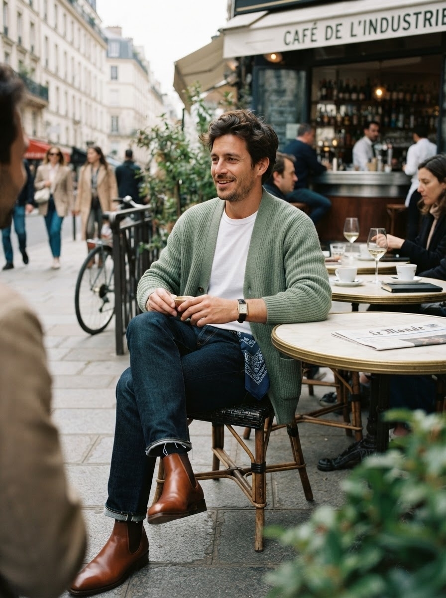 SKIPIKS AI 패션 화보 — classic, casual, chic — 편안하면서도 세련된 무드를 느낄 수 있는 룩이에요. 올리브 그린 니트 가디건과 청바지의 조화가 따뜻한 가을날에 딱입니다. 브라운 첼시 부츠로 마