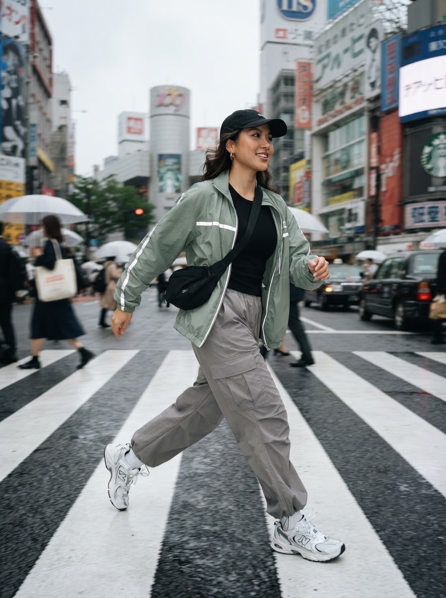 SKIPIKS AIファッション写真 — streetwear, sporty — ストリートムードが漂う軽快なルックです。明るいライトグリーンのジャンパーとカーゴパンツがアクティブな感性を引き立てます。ブラックのクロスボディバッグとスポーティ