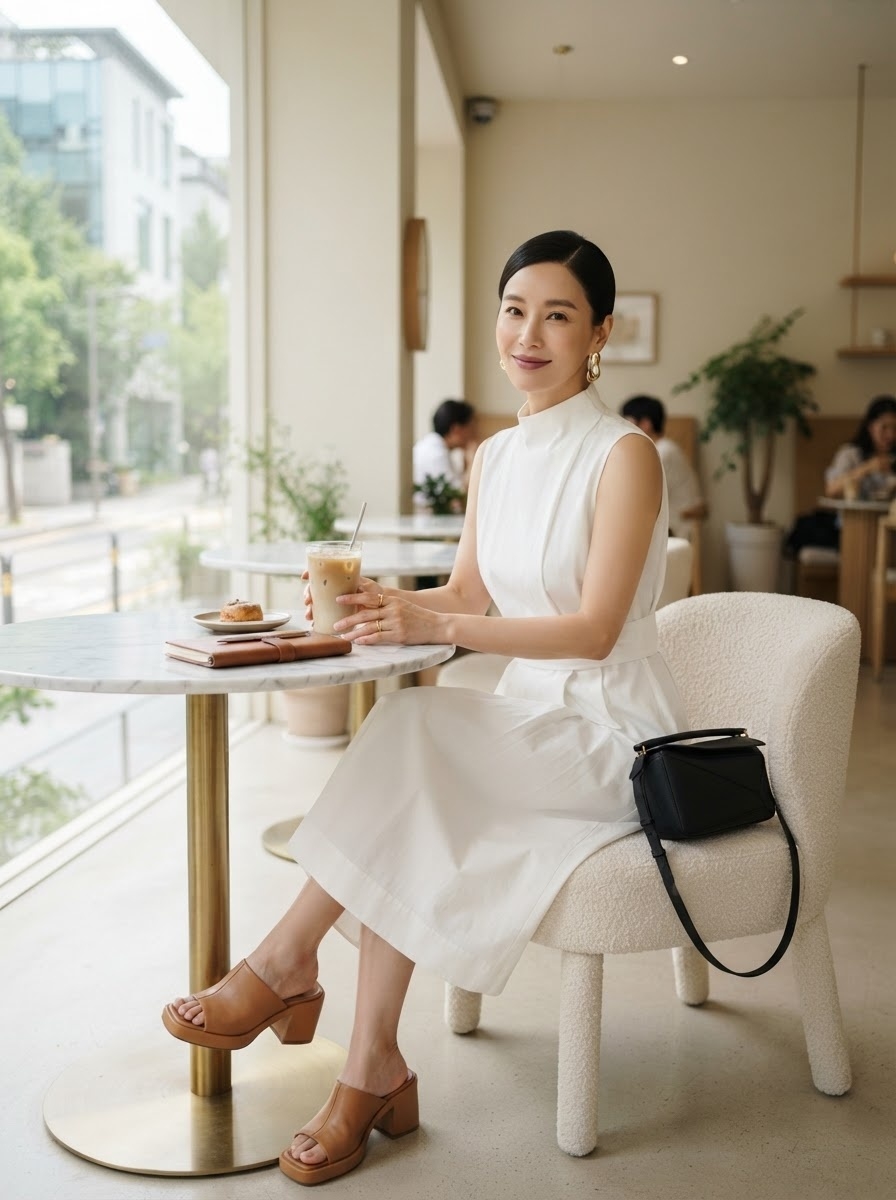 SKIPIKS AIファッション写真 — minimalist, feminine — クリーンなホワイトのノースリーブドレスは夏に特に似合い、洗練された爽やかなイメージを演出します。ゴールドのアクセサリーを加えて、洗練された雰囲気をプラスしましょ