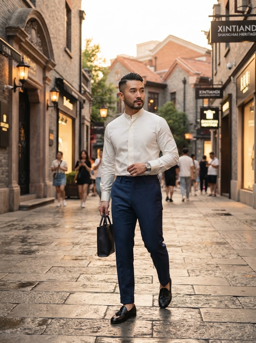 SKIPIKS AIファッション写真 — minimalist, smartcasual — クリーンなホワイトシャツとネイビーパンツが都会的な洗練さを演出します。ロングスリーブシャツとローファーを加えて、クラシックでありながらモダンな雰囲気を完成させま