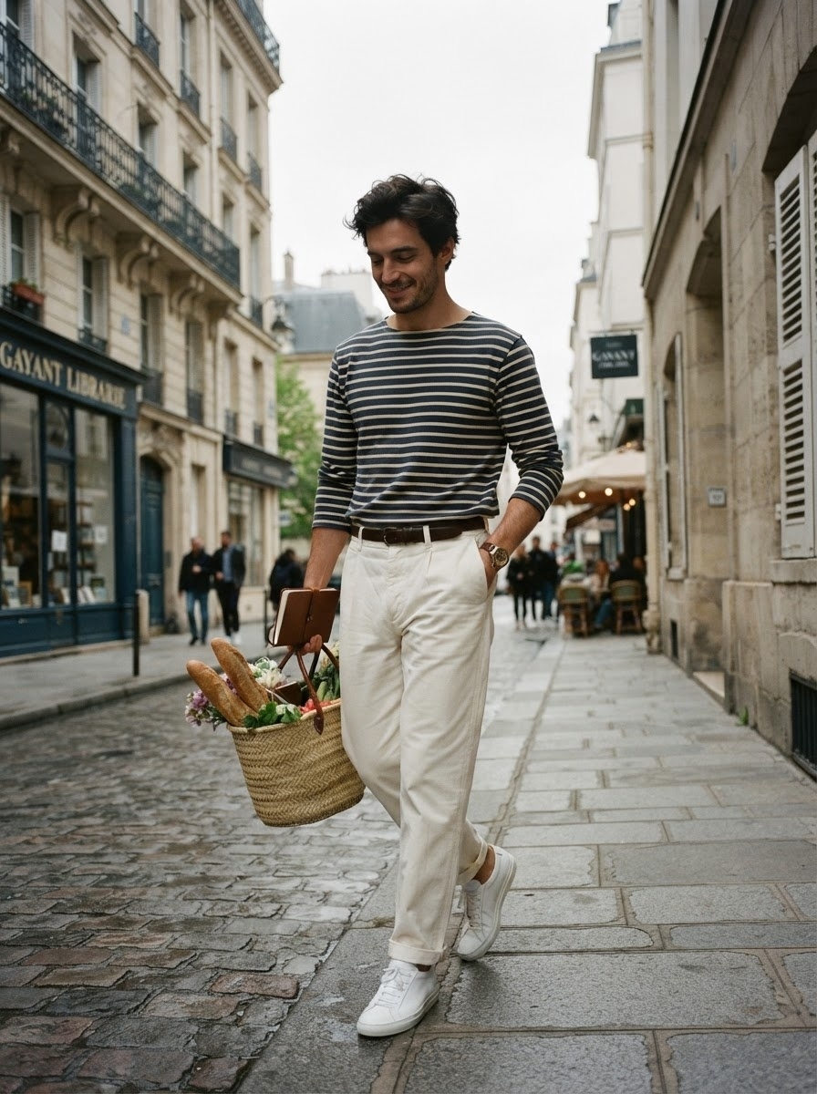 SKIPIKS AI fashion editorial — casual, french_chic — A striped T-shirt that captures the chic Parisian vibe pairs beautifully with cr