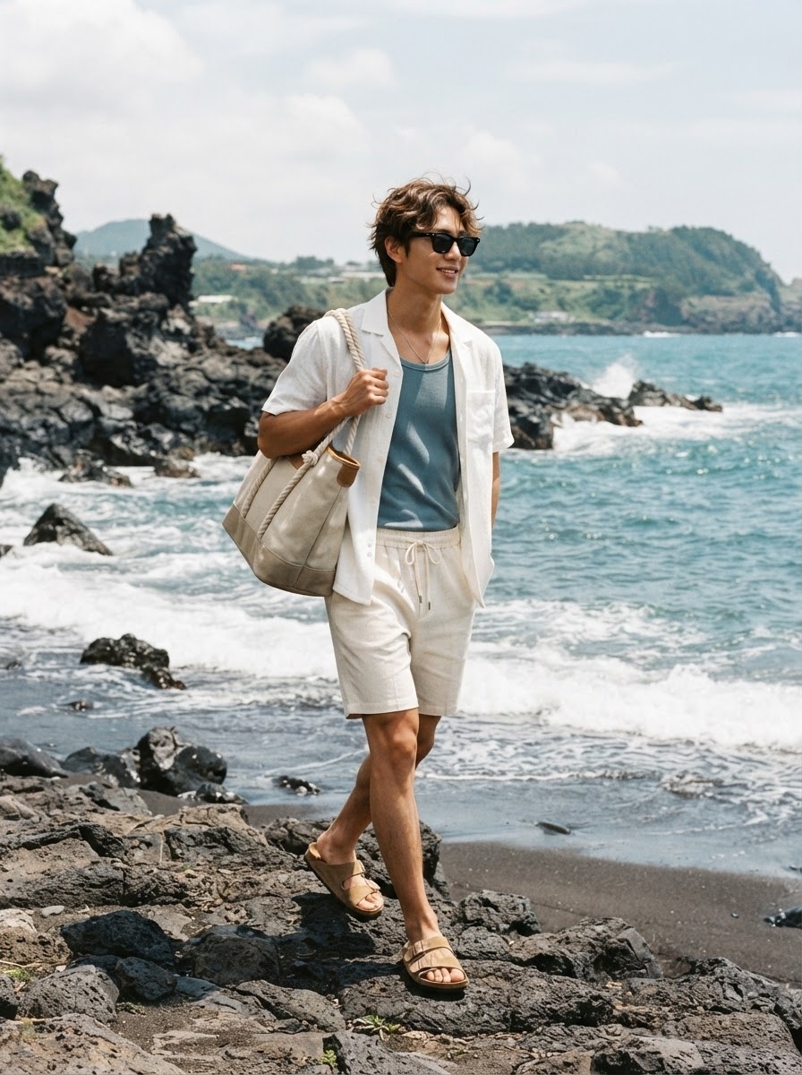 SKIPIKS AI时尚大片 — casual, beachwear — 这款夏季海滩造型展现了自然般的色彩。搭配青绿色的背心和象牙色衬衫，尽享清爽氛围。舒适的拖鞋和帆布包完美营造轻松的氛围。在夏季度假时，搭配各种配饰会更好。
