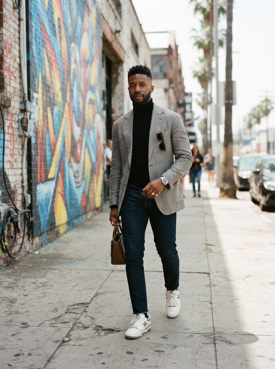 SKIPIKS AI fashion editorial — smart, casual, contemporary — This look features a chic blend of a beige blazer and a black turtleneck. Comple