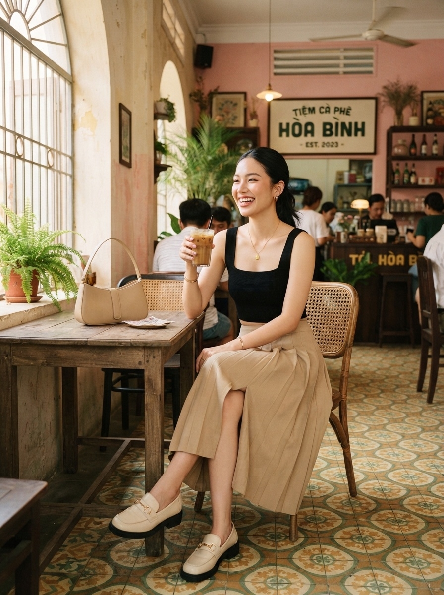 SKIPIKS AI 패션 화보 — minimalist, chic — 검은색 탱크탑과 베이지 플리츠 스커트의 조화가 세련된 미니멀룩을 연출해요. 로퍼를 함께 매치하면 편안하면서도 스타일리시한 데일리 룩 완성됩니다.