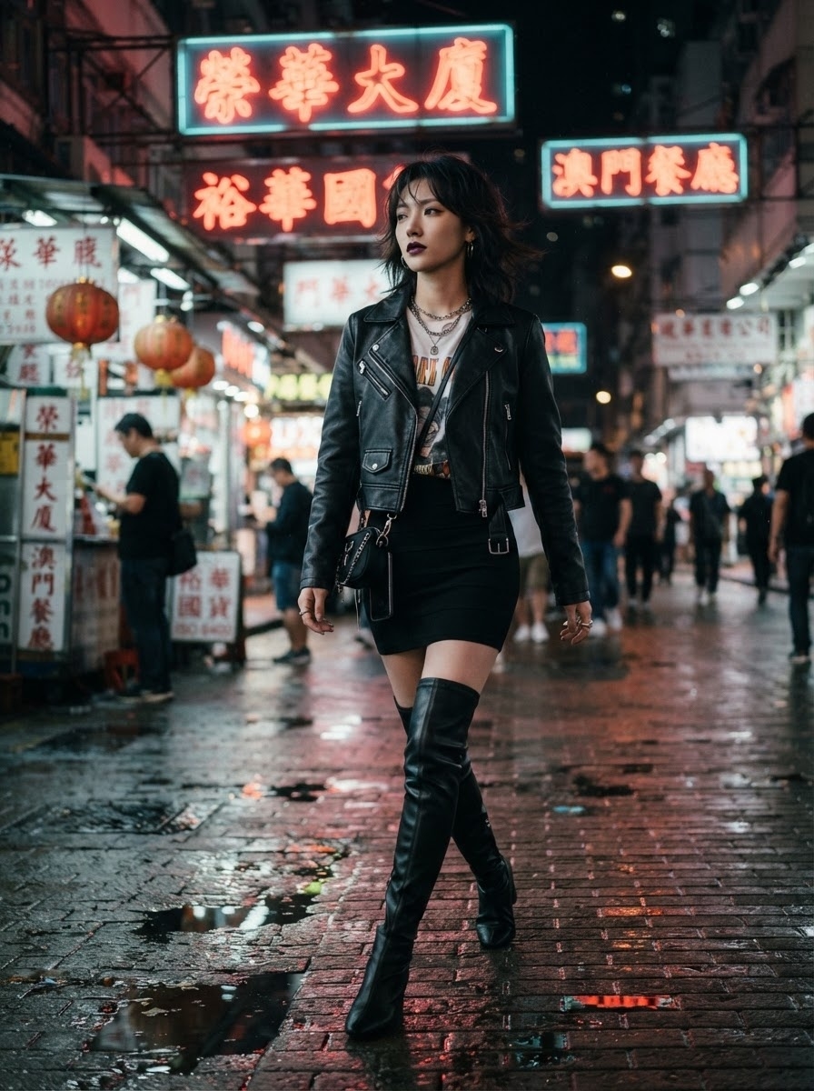 SKIPIKS AIファッション写真 — streetwear, edgy, punk — 都市の夜にぴったりなロックシックスタイルで感覚的なムードを演出してください。レザージャケットとロングブーツの組み合わせで強さを加え、プリントTシャツでカジュアル