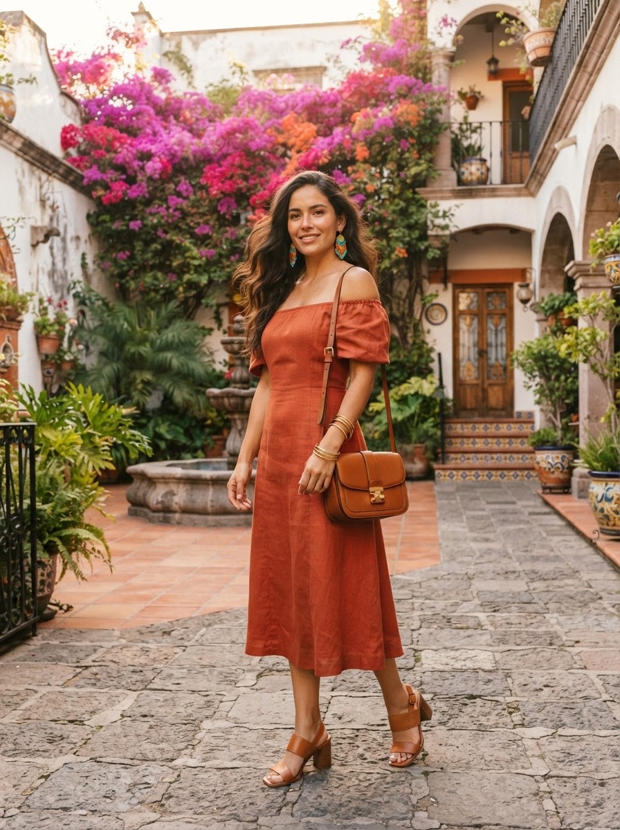 SKIPIKS AI fashion editorial — bohemian, romantic — The terracotta-colored off-shoulder dress creates a romantic yet bohemian vibe. 