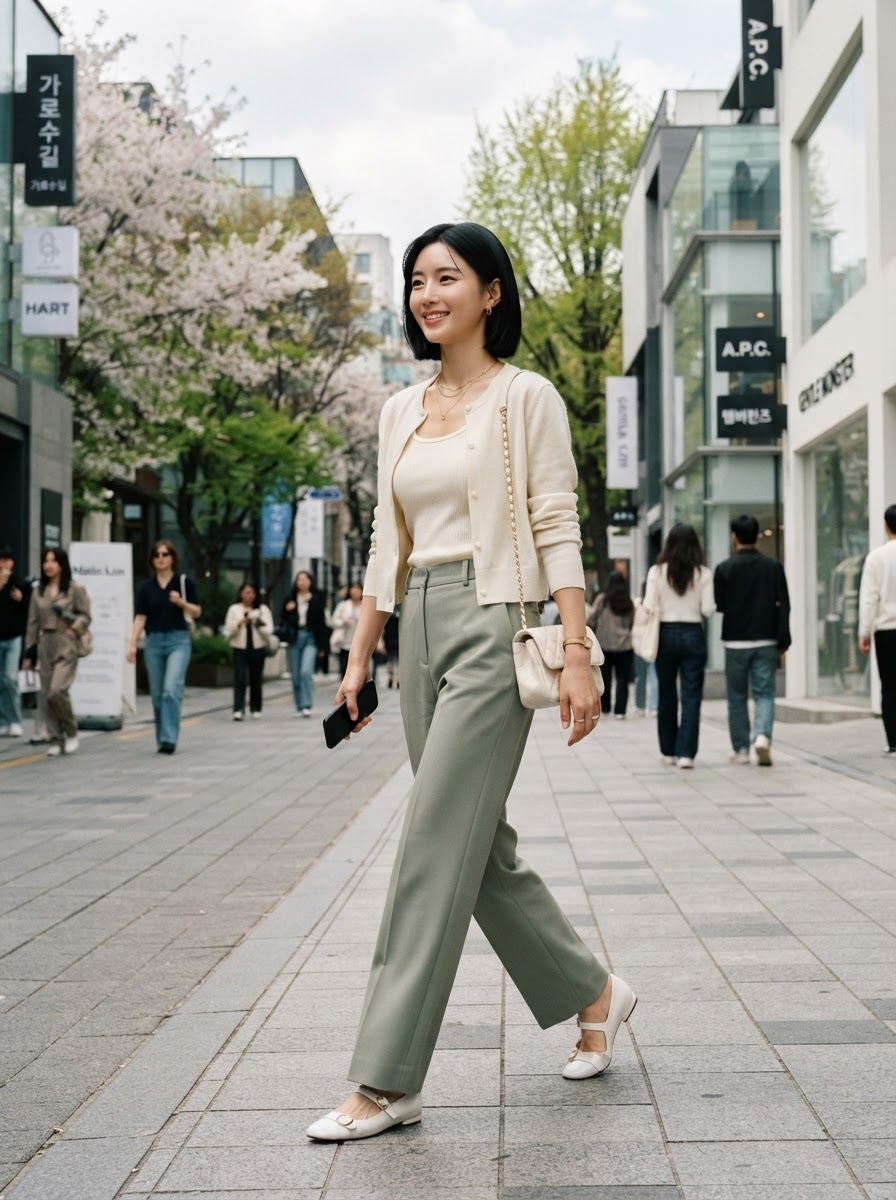 SKIPIKS AIファッション写真 — elegant, chic — アイボリーとグリーンの調和が際立つ感覚的な春のデイリールックです。シンプルなニットカーディガンとスラックスを組み合わせて、きちんとしながらもエレガントな雰囲気を