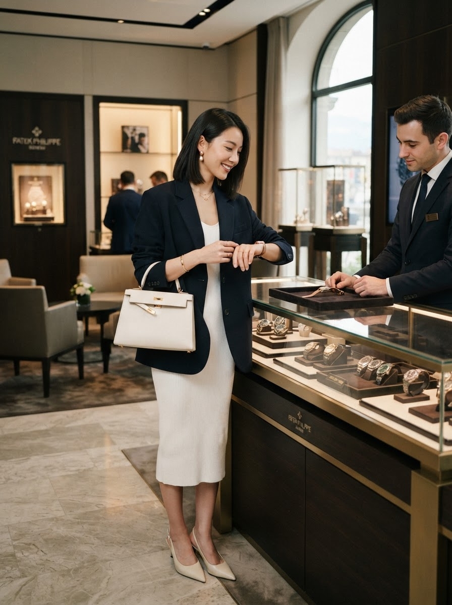 SKIPIKS AI fashion editorial — classic, elegant — This look features a refined blend of a navy blazer and a white dress. Pair it w