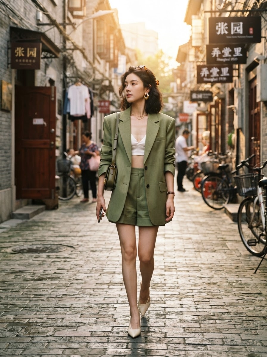 SKIPIKS AI 패션 화보 — minimalist, streetwear, urban — 연두색 블레이저와 쇼츠로 구성된 세트업이 여름의 시원한 무드를 전합니다. 크롭탑과 함께 착용하여 깔끔하면서도 스타일리시한 실루엣을 완성해보세요.