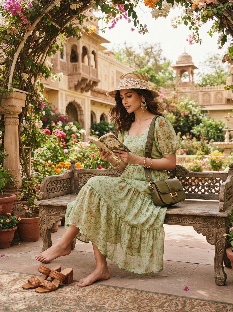 SKIPIKS AI fashion editorial — vintage, feminine — The light green floral dress exudes a delicate mood, creating an attractive look