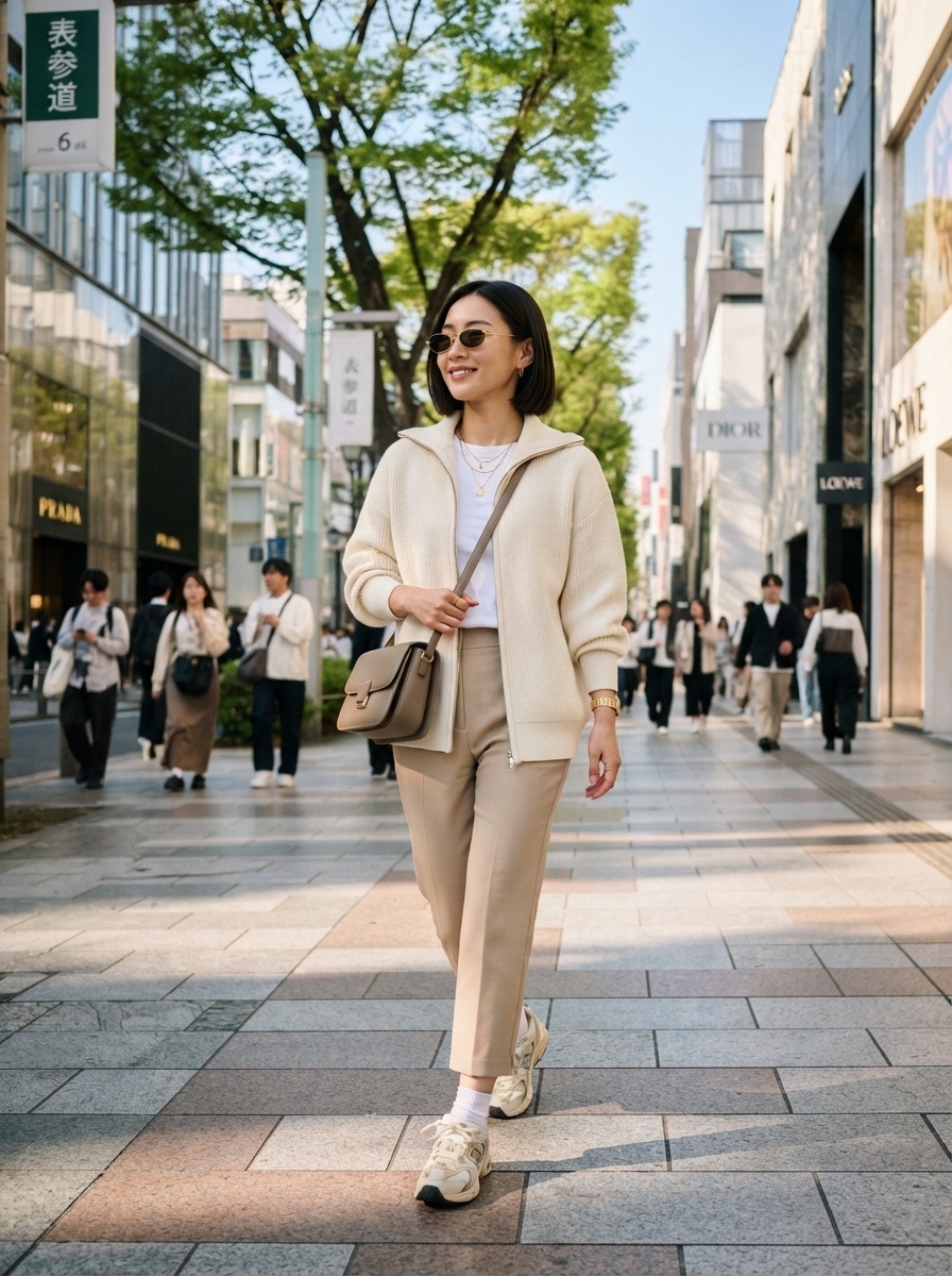 SKIPIKS AI时尚大片 — minimalist, casual — 这是一个由奶油色针织开衫和米色休闲裤完成的精致极简主义造型。用白色T恤和米色运动鞋强调自然的色彩组合。推荐作为日常穿搭，适合轻松的春季外出。
