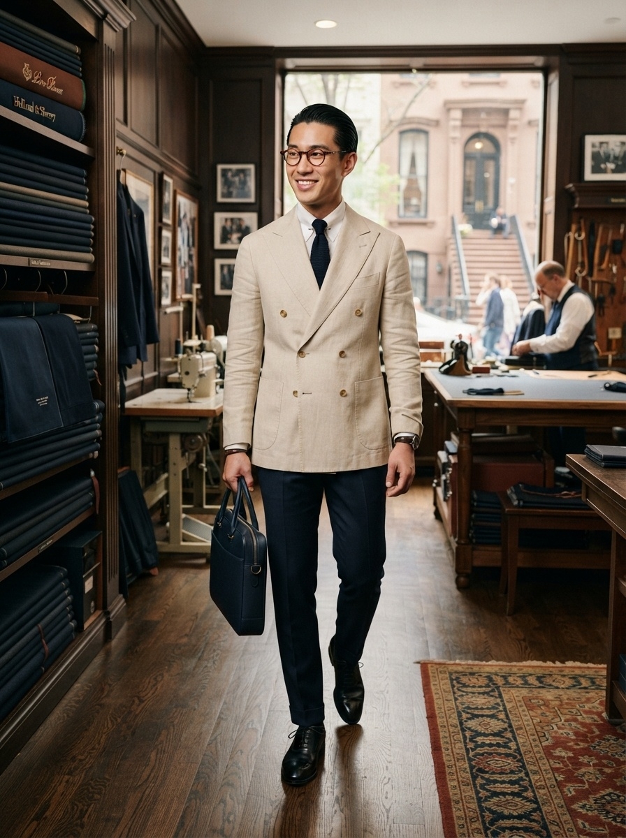 SKIPIKS AI 패션 화보 — business, formal, classic — 베이지 블레이저와 네이비 슬랙스의 조화로 세련된 비즈니스 룩을 완성했어요. 네이비 넥타이와 정장 구두로 깔끔함을 더해 데일리 오피스룩에 잘 어울
