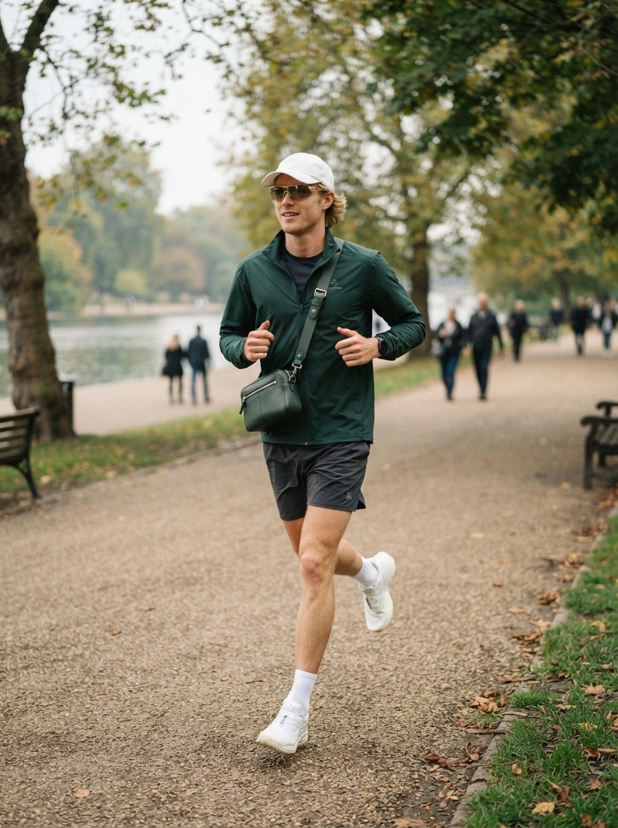 SKIPIKS AI fashion editorial — athleisure, casual, sporty — An active sporty autumn look stands out. Pair a green jacket with gray shorts fo