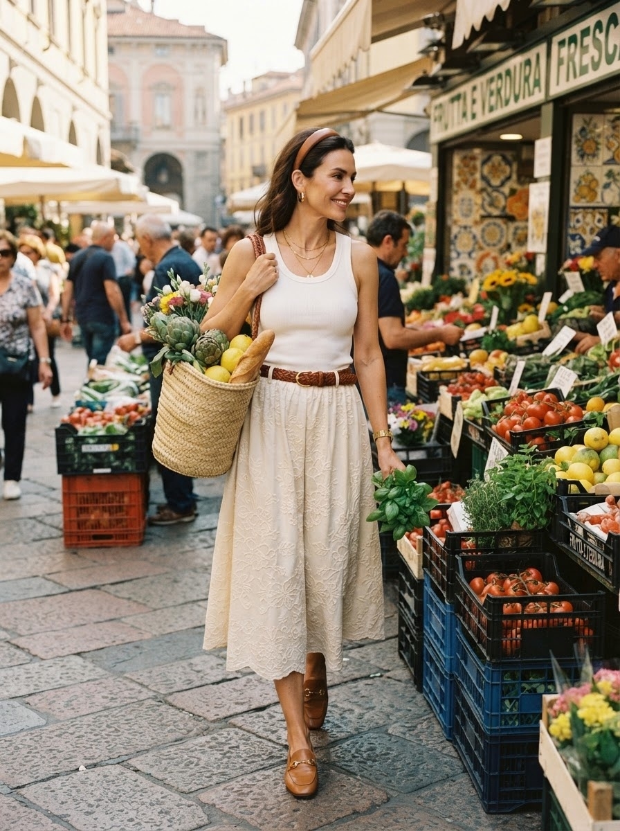 SKIPIKS AIファッション写真 — feminine, casual — 明るいトーンのレーススカートと白いタンクトップが魅力的なクラシックな夏のルックです。ストローバッグとブラウンのローファーで、快適さと洗練さを兼ね備えたムードを完