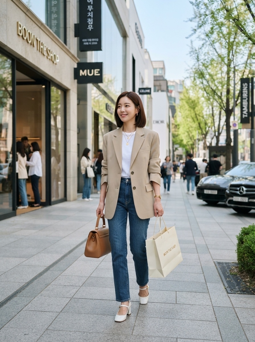 SKIPIKS AI 패션 화보 — chic, casual — 베이지 블레이저와 청바지가 깔끔하면서도 세련된 무드를 완성합니다. 브라운 핸드백과 화이트 메리제인 슈즈를 매치해 스타일에 포인트를 더해보세요. 