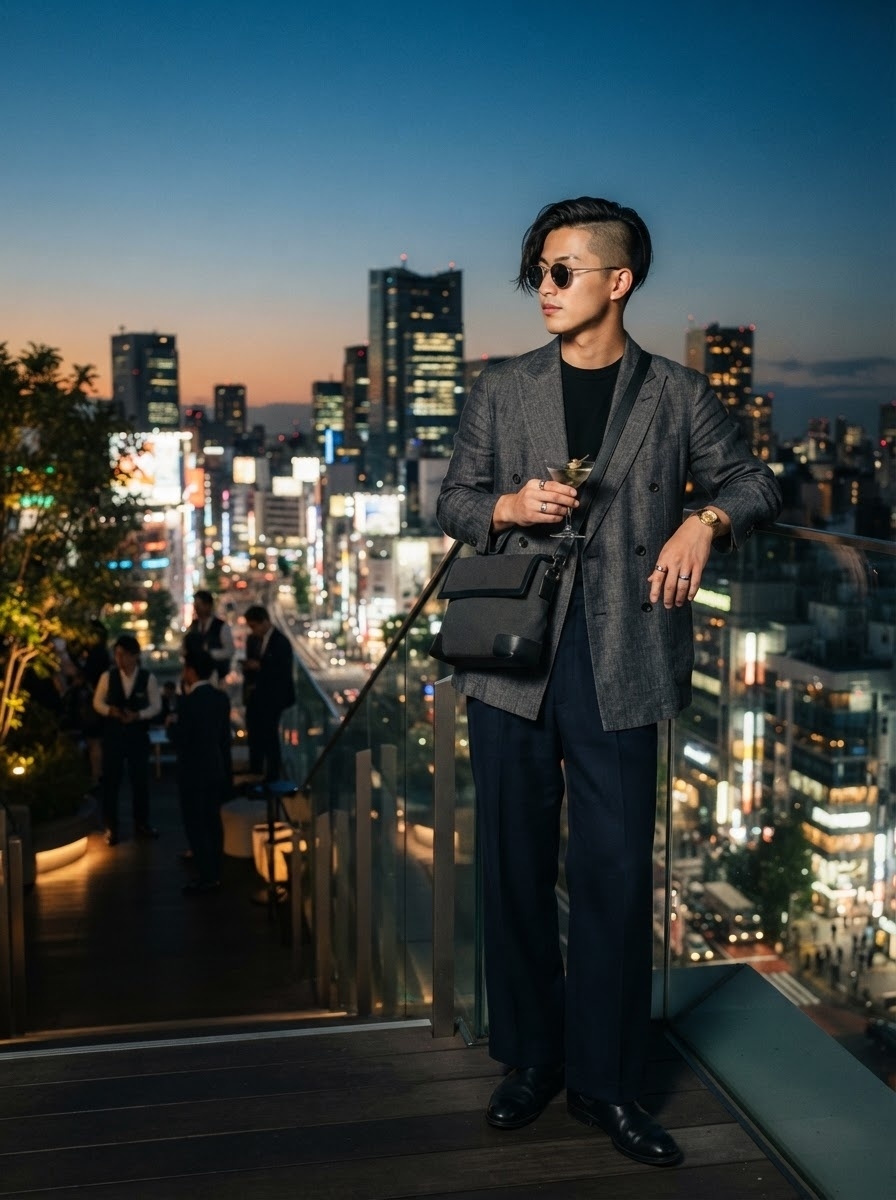 SKIPIKS AI 패션 화보 — modern, minimalist, city — 시크한 회색 블레이저와 검정 티셔츠의 조합이 도시적인 감성을 살려줍니다. 깔끔한 네이비 팬츠와 매치하여 세련된 미니멀룩을 완성해보세요. 업무 회